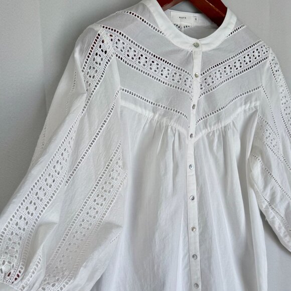 Maye The Fleur Cotton White Eyelet Embroidered 3/4 Ballon Sleeve Blouse Small - Picture 5 of 14